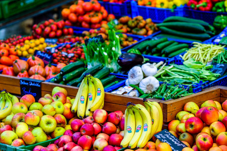 Munich, Germany - Junw 13:typical fruit stand at a street in the old town of Munich on June 13, 2019