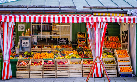 Munich, Germany - December 1:typical fruit stand at a street in the old town of Munich on December 1, 2021のeditorial素材
