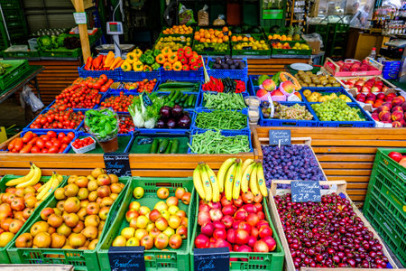 Munich, Germany - July 11:typical fruit stand at a street in the old town of Munich on July 11, 2019のeditorial素材