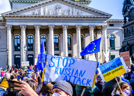 Munich, Germany - February 27: demonstrators against the invasion of russia into ukraine in the city...