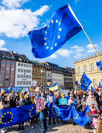 Munich, Germany - February 27: demonstrators against the invasion of russia into ukraine in the city center (Max Joseph Platz) of Munich on February 27, 2022のeditorial素材