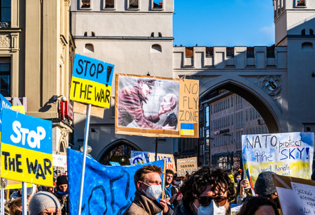 Munich, Germany - February 27: demonstrators against the invasion of russia into ukraine in the city center (Stachus) of Munich on February 27, 2022のeditorial素材