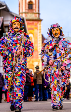 Mittenwald, Germany - February 24: Participants of a parade with traditional historic costumes to drive out the winter called 'maschkera' in Mittenwald on February 24, 2022のeditorial素材