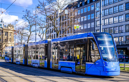 Munich, Germany - February 23: typical tram in the old town of Munich on February 23, 2022のeditorial素材