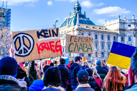 Munich, Germany - February 27: demonstrators against the invasion of russia into ukraine in the city...