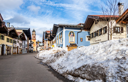 Mittenwald, Germany - February 19: historic facades in the old town of Mittenwald on February 19, 2022のeditorial素材