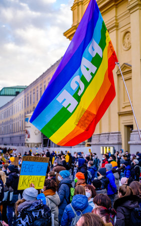 Munich, Germany - March 3: demonstrators against the invasion of russia into ukraine in the city center (Odeonsplatz) of Munich on March 3, 2022のeditorial素材