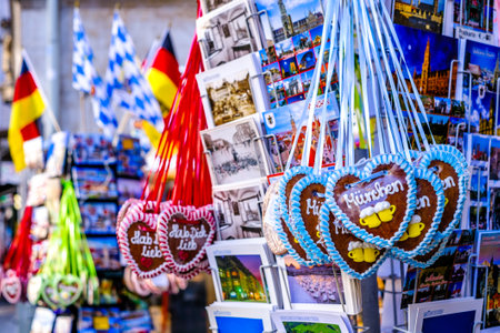 Munich, Germany - March 10: typical bavarian ginger bread hearts and postcards at a souvenir stand in Munich on March 10, 2022のeditorial素材