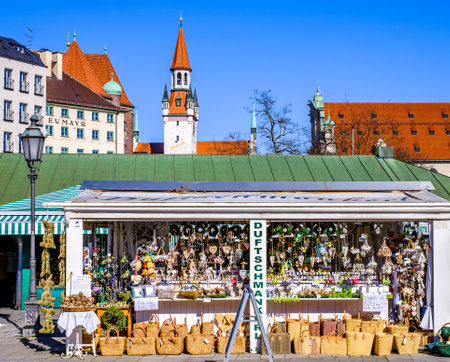Munich, Germany - March 8: typical stands and pedestrians at the famous viktualienmarkt in Munich on March 8, 2022のeditorial素材