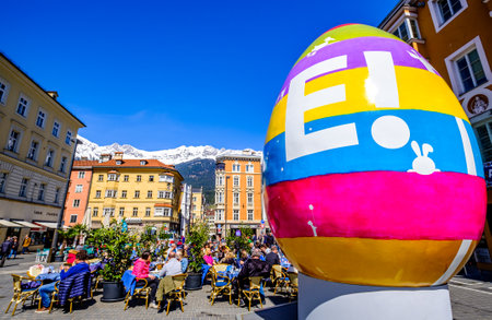 Innsbruck, Austria - April 11: Decoration and people at the famous easter market at the old town of Innsbruck on April 11, 2022のeditorial素材