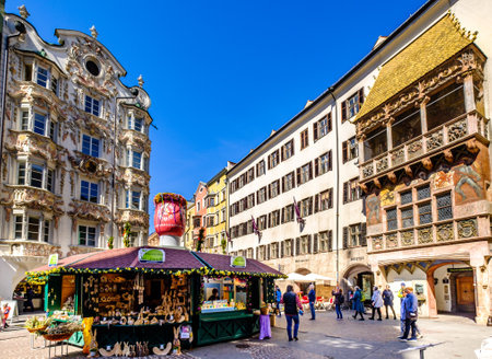 Innsbruck, Austria - April 11: Decoration and people at the famous easter market at the old town of Innsbruck on April 11, 2022のeditorial素材