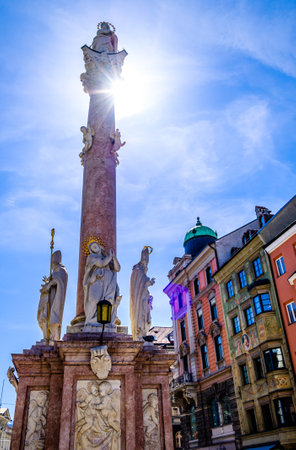 Innsbruck, Austria - April 11: historic facades and people at the famous old town of Innsbruck on April 11, 2022のeditorial素材
