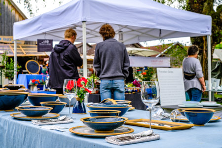 Diessen, Germany - May 28: sales stands with ceramics at the famous annual pottery market in Diessen...