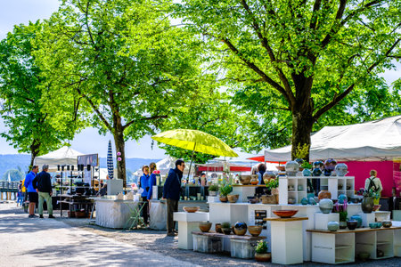 Diessen, Germany - May 29: sales stands with ceramics at the famous annual pottery market in Diessen on May 29, 2022のeditorial素材