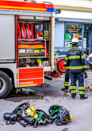Munich, Germany - June 2: typical fire department truck at the old town of Munich on June 2, 2022