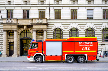 Munich, Germany - June 2: typical fire department truck at the old town of Munich on June 2, 2022