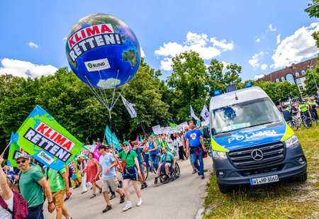 Munich, Germany - June 25: Banners and participants at a demonstration against the G7 meeting in Elmau in Munich on June 25, 2022のeditorial素材