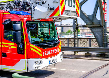Munich, Germany - May 3: typical fire department truck at the old town of Munich on May 3, 2022