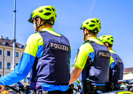 Munich, Germany - May 11: typical police officers with bicycles at the old town of Munich on May 11, 2022のeditorial素材