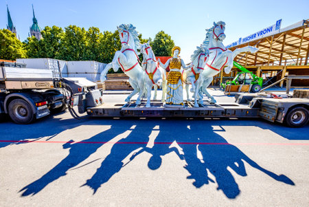Munich, Germany - July 19: building up the annual worlds largest folk festival oktoberfest (wiesn)...