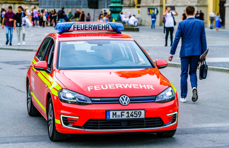 Munich, Germany - June 22: typical fire department car at the old town of Munich on June 22, 2022