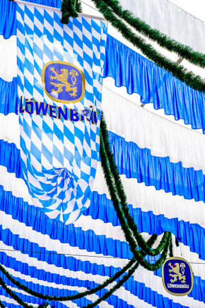 Weilheim, Germany - June 4: typical "LÃ¶wenbrÃ¤u" decoration at a bavarian beer tent in Weilheim on June 4, 2022のeditorial素材