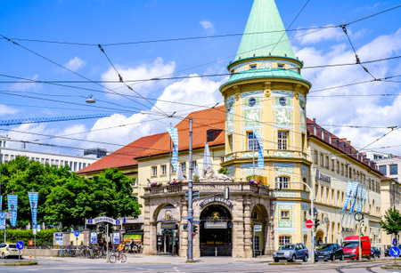 Munich, Germany - June 6: famous loewenbraeukeller beer restaurant at the stiglmaierplatz in munich on June 6, 2022のeditorial素材
