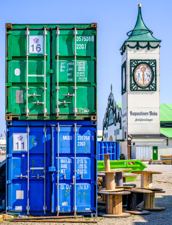 Munich, Germany - July 22: building up the annual worlds largest folk festival oktoberfest (wiesn) with big beerhalls on the theresienwiese in munich on July 22, 2022のeditorial素材