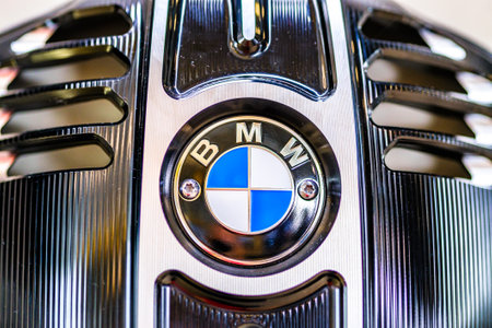Munich, Germany - June 22: the typical BMW firm sign on a motorbike in Munich on June 22, 2022