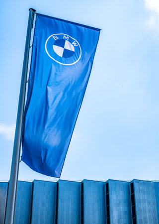 Munich, Germany - July 5: the typical BMW firm sign at the BMW World in Munich on July 5, 2022のeditorial素材