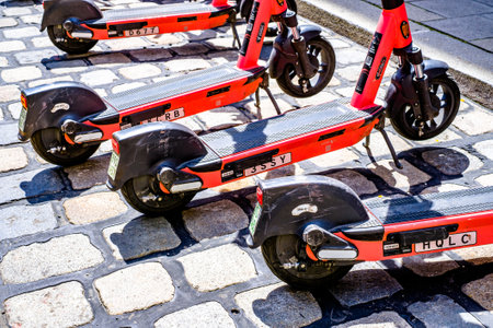 Munich, Germany - June 1: typical modern eScooters at a street in the old town of Munich on June 1, 2022のeditorial素材