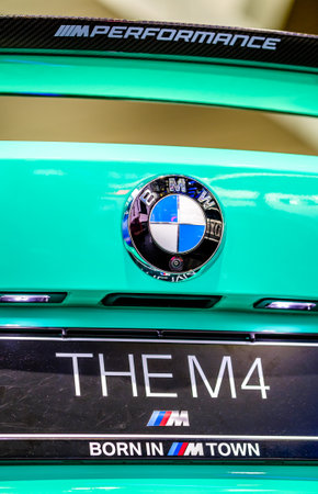 Munich, Germany - June 22: the typical BMW firm sign on a car in Munich on June 22, 2022のeditorial素材