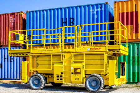 Munich, Germany - July 22: typical lift truck at a construction site in the old town of Munich on July 22, 2022のeditorial素材