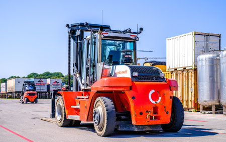 Munich, Germany - July 22: typical lift truck at a construction site in the old town of Munich on July 22, 2022のeditorial素材