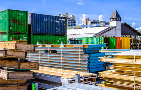 Munich, Germany - August 2: building up the annual worlds largest folk festival oktoberfest (wiesn) with big beerhalls on the theresienwiese in munich on August 2, 2022のeditorial素材