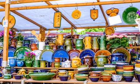 Munich, Germany - August 1: typical regional market (called Auer Dult) with stalls for household goods, crockery, textiles and clothing every three months on mariahilfplatz in munich on August 1, 2022のeditorial素材