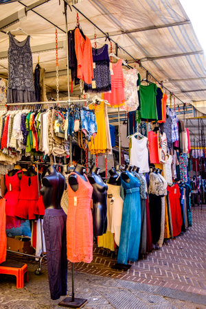 Munich, Germany - August 21: typical regional market (called Auer Dult) with stalls for household goods, crockery, textiles and clothing every three months on mariahilfplatz in munich on August 21, 2014のeditorial素材