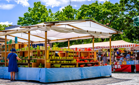 Munich, Germany - August 1: typical regional market (called Auer Dult) with stalls for household goods, crockery, textiles and clothing every three months on mariahilfplatz in munich on August 1, 2022のeditorial素材