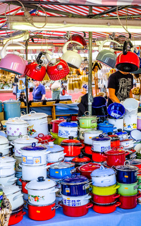 Munich, Germany - August 1: typical regional market (called Auer Dult) with stalls for household goods, crockery, textiles and clothing every three months on mariahilfplatz in munich on August 1, 2022のeditorial素材