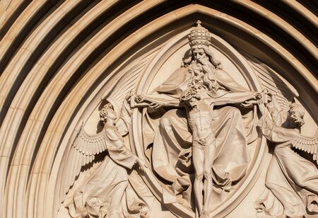 The Holy Trinity. Gothic relief in Saint Wenceslas Cathedral in Olomoucの写真素材