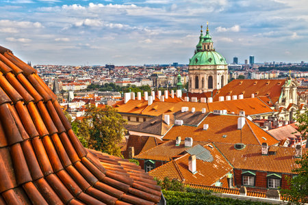 Prague Cityscape in Summer, Saint Nicholas Palace in Backgroundのeditorial素材