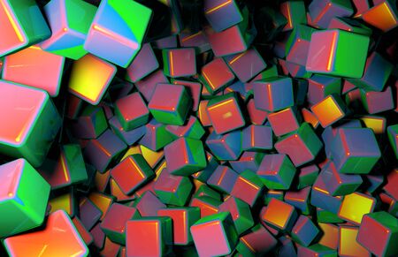 Rendered 3D Cubes Randomly Distributed in Space, Various Colors of Cubes