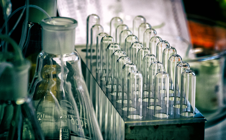 Test tubes in stand backgroundの写真素材