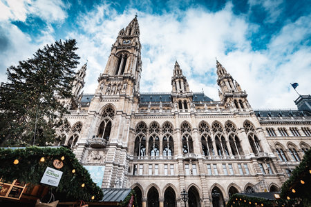 Vienna, Austria - December 10 2018: Day shot of town hall during Christmas markets at Rathausplatz