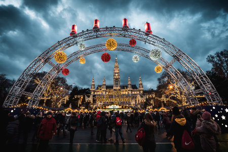 Vienna, Austria - December 10 2018: Night shot of Christmas markets at Rathausplatz, view at the town hall through the main entrance gateのeditorial素材
