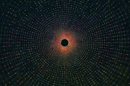 3D rendering of centered tunnel through wormhole over curved spacetime. Travel in space concept.の写真素材