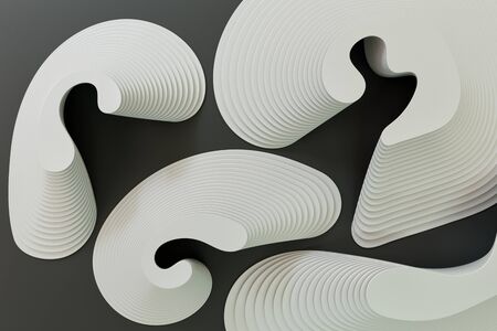 3D rendering of white abstract curved lines on black matte surfaceの写真素材