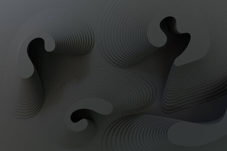 3D rendering of black abstract curved lines on black matte surfaceの写真素材