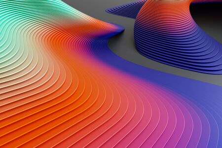 3D rendering of colorful abstract curved lines on black matte surfaceの写真素材
