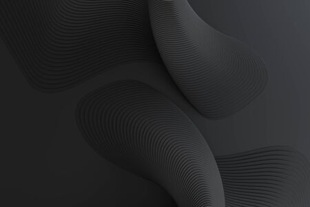 3D rendering of black abstract curved lines on black matte surfaceの写真素材